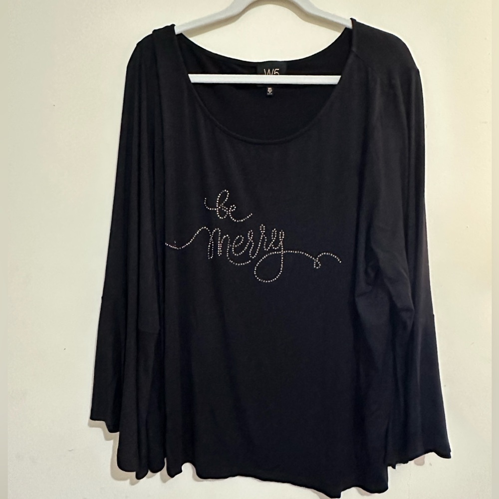 Anthropologie W5 3XL Black Be Merry Christmas Studded 3/4 Bell Sleeve Blouse